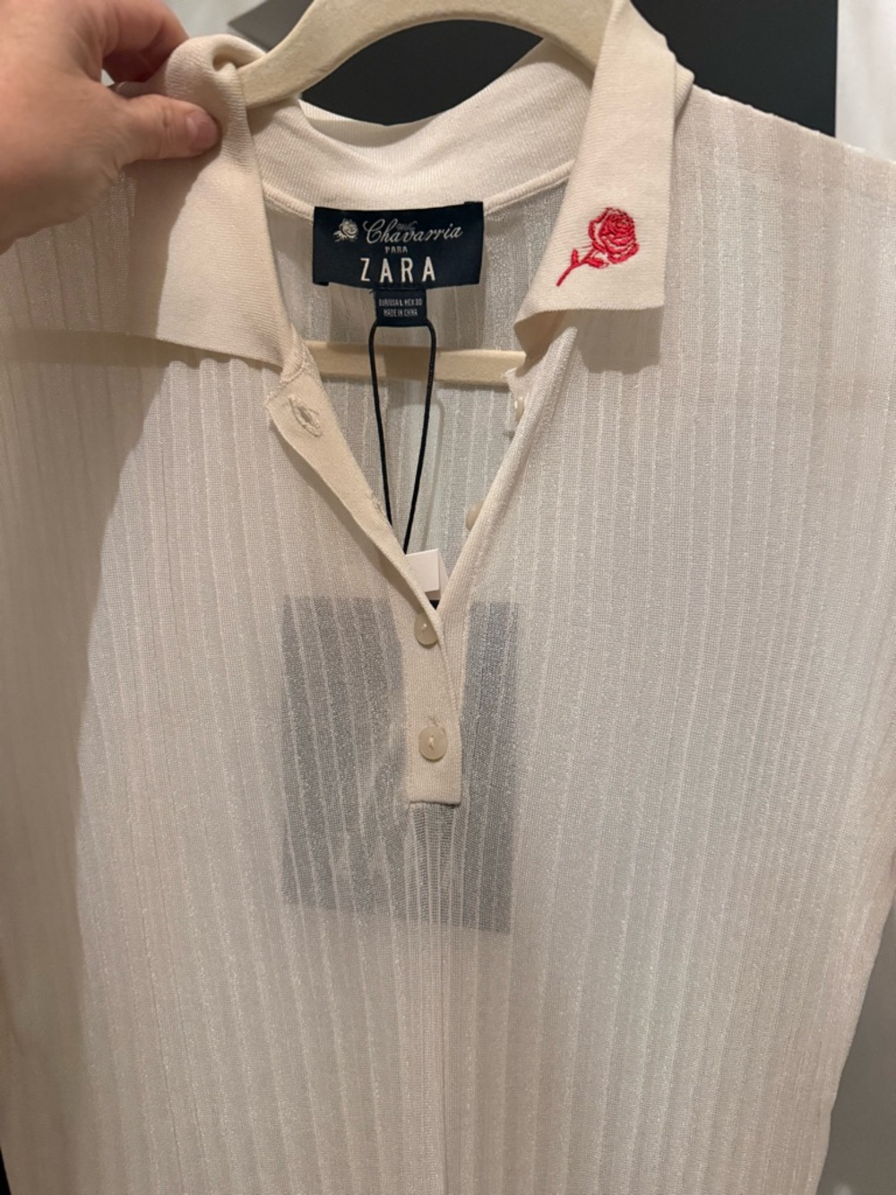 Willie Chavarria x Zara Cream Sheer Polo with Red Embroidered Rose